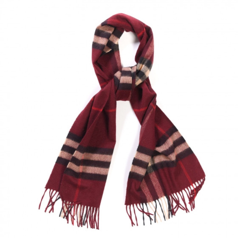 NWT BURBERRY Check Cashmere Scarf in Claret (burgundy/deep red) - Picture 7 of 7